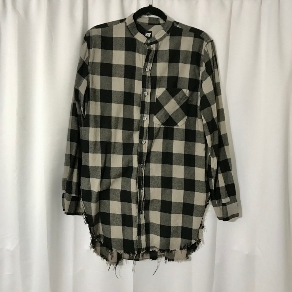$400 NSF Distressed Plaid Elongated Flannel